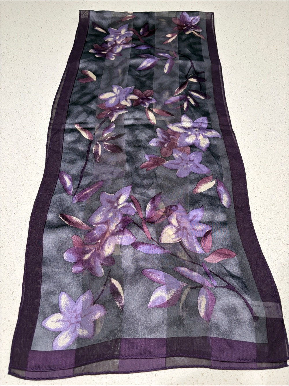 Purple Floral Sheer Silk Scarf